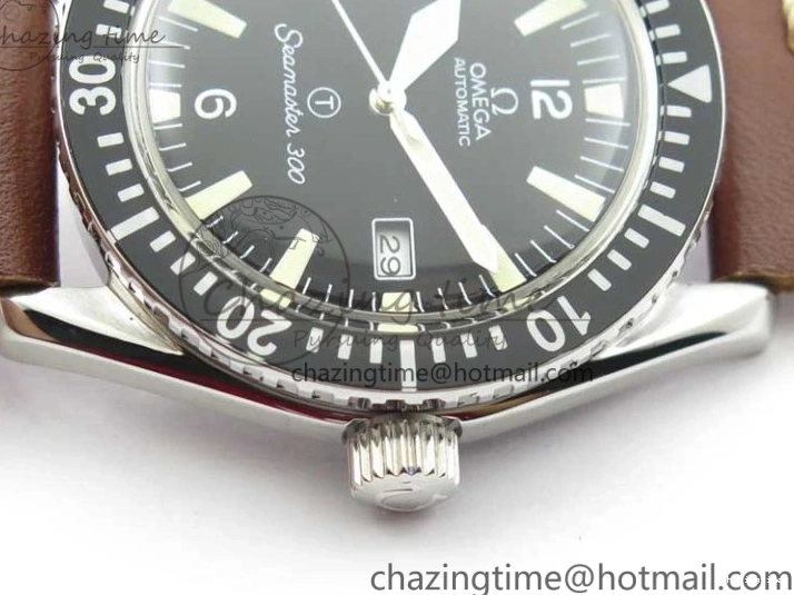 0408 Vintage Seamaster 300 Date T SS B12 Black Dial On Brown Leather Strap A2836 (Free Nylon Strap) WeatherProof 7911